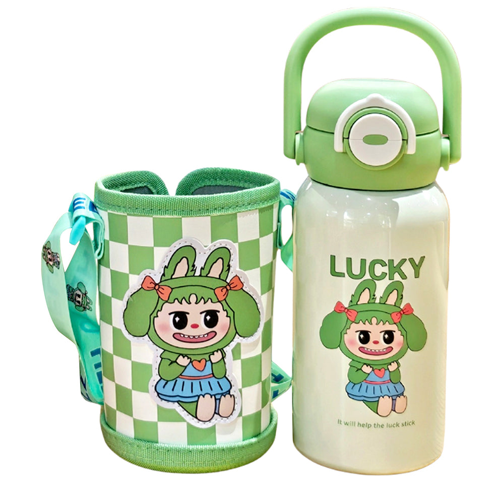 Green checks Labubu with Matching Cover Stainless Steel Water Bottle for Kids,500 ml