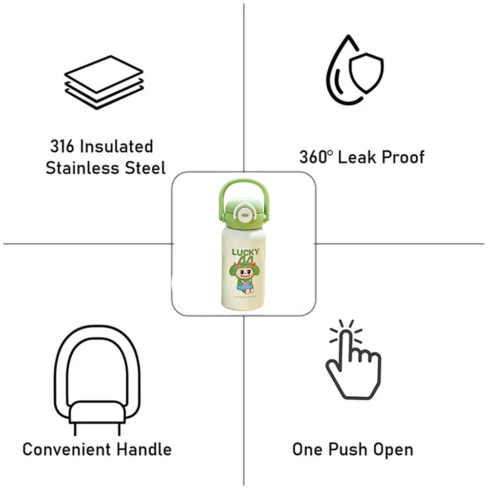 Green checks Labubu with Matching Cover Stainless Steel Water Bottle for Kids,500 ml