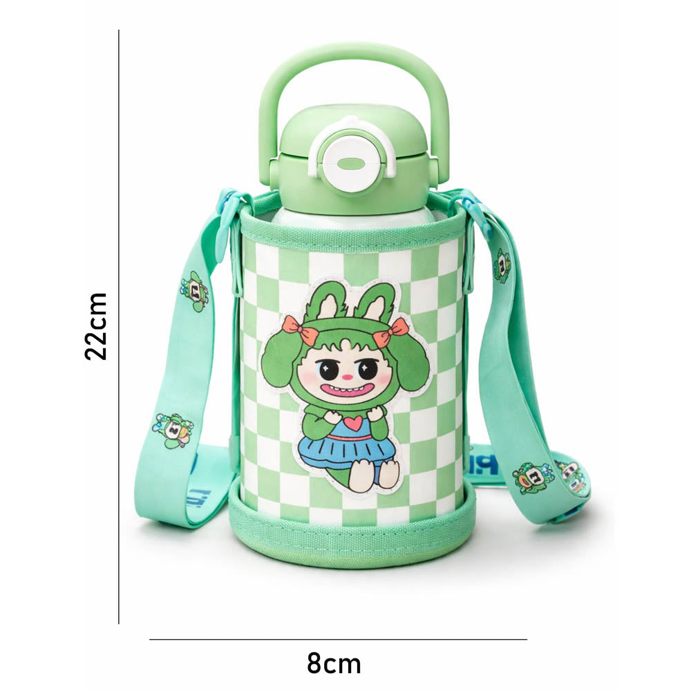 Green checks Labubu with Matching Cover Stainless Steel Water Bottle for Kids,500 ml