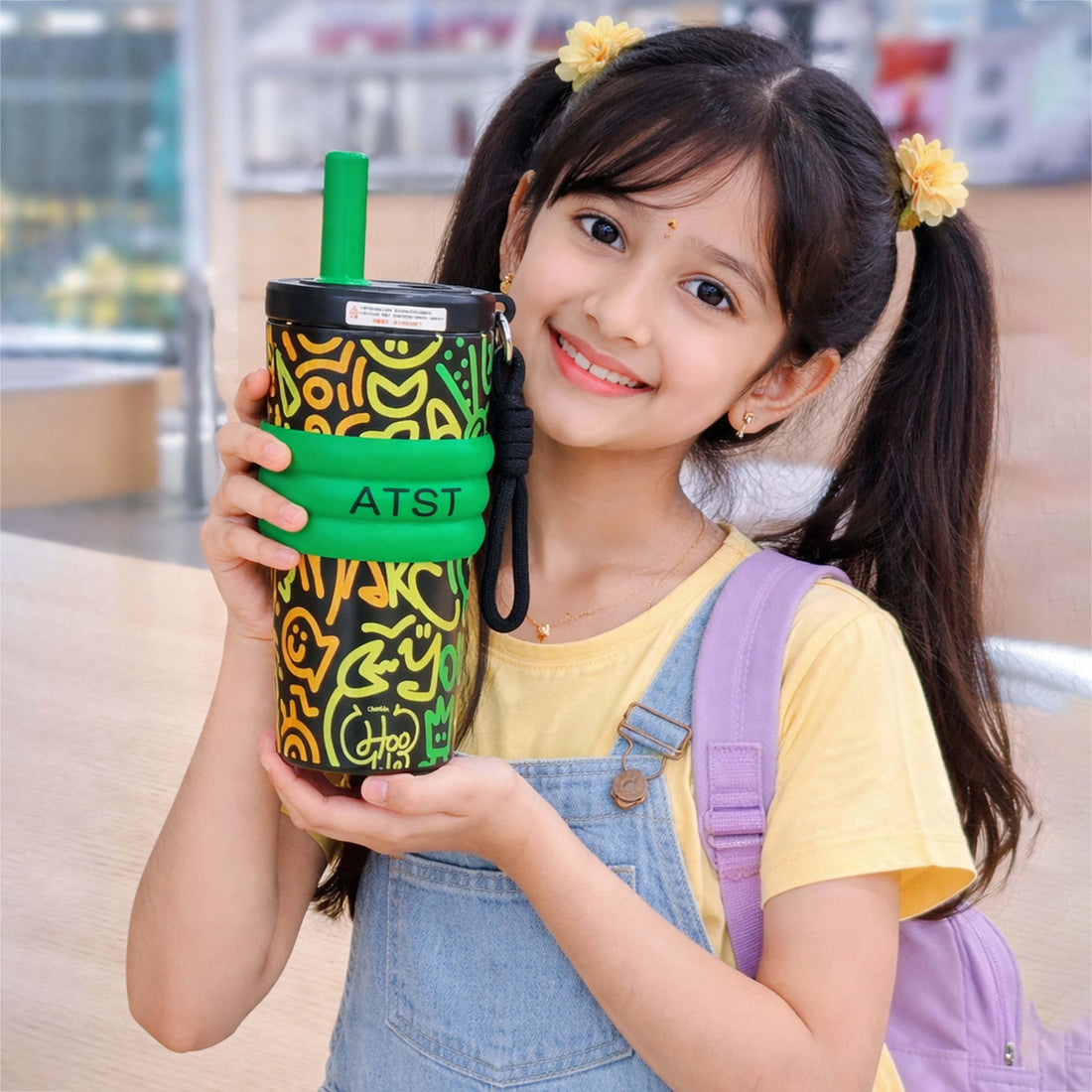 Green Doodle Fluroscent series Stainless Steel Tumbler and Water Bottle for Kids and Adults,550ml