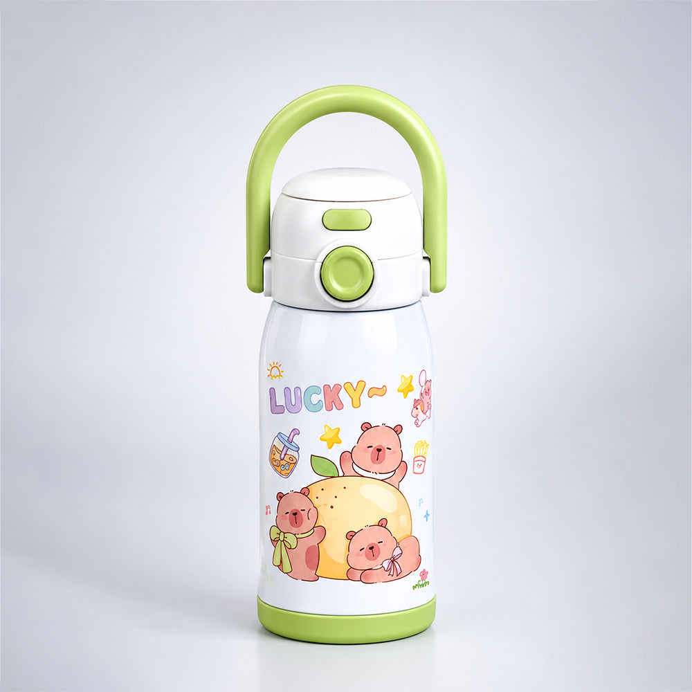 Green Lid, Lucky Capybara Series, Stainless Steel Water Bottle for Kids, 600ml