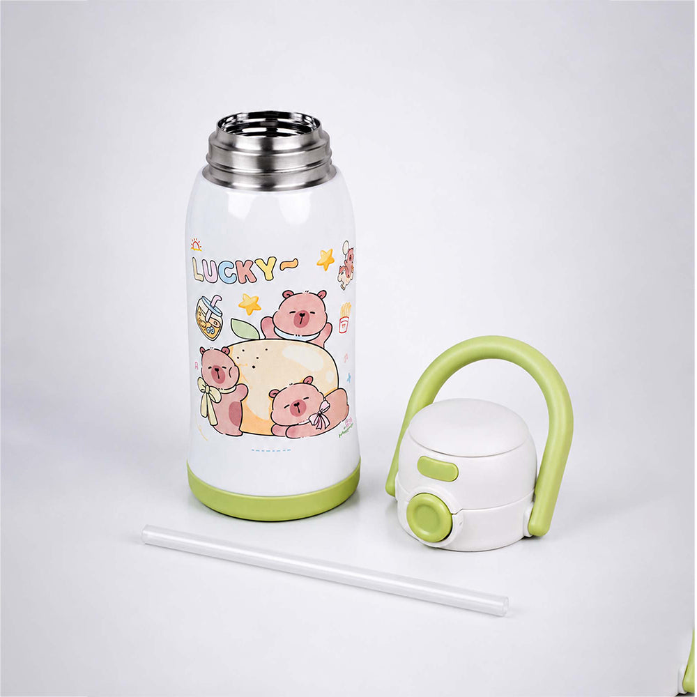 Green Lid, Lucky Capybara Series, Stainless Steel Water Bottle for Kids, 600ml