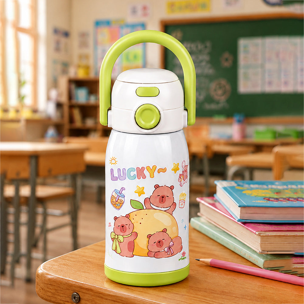 Green Lid, Lucky Capybara Series, Stainless Steel Water Bottle for Kids, 600ml