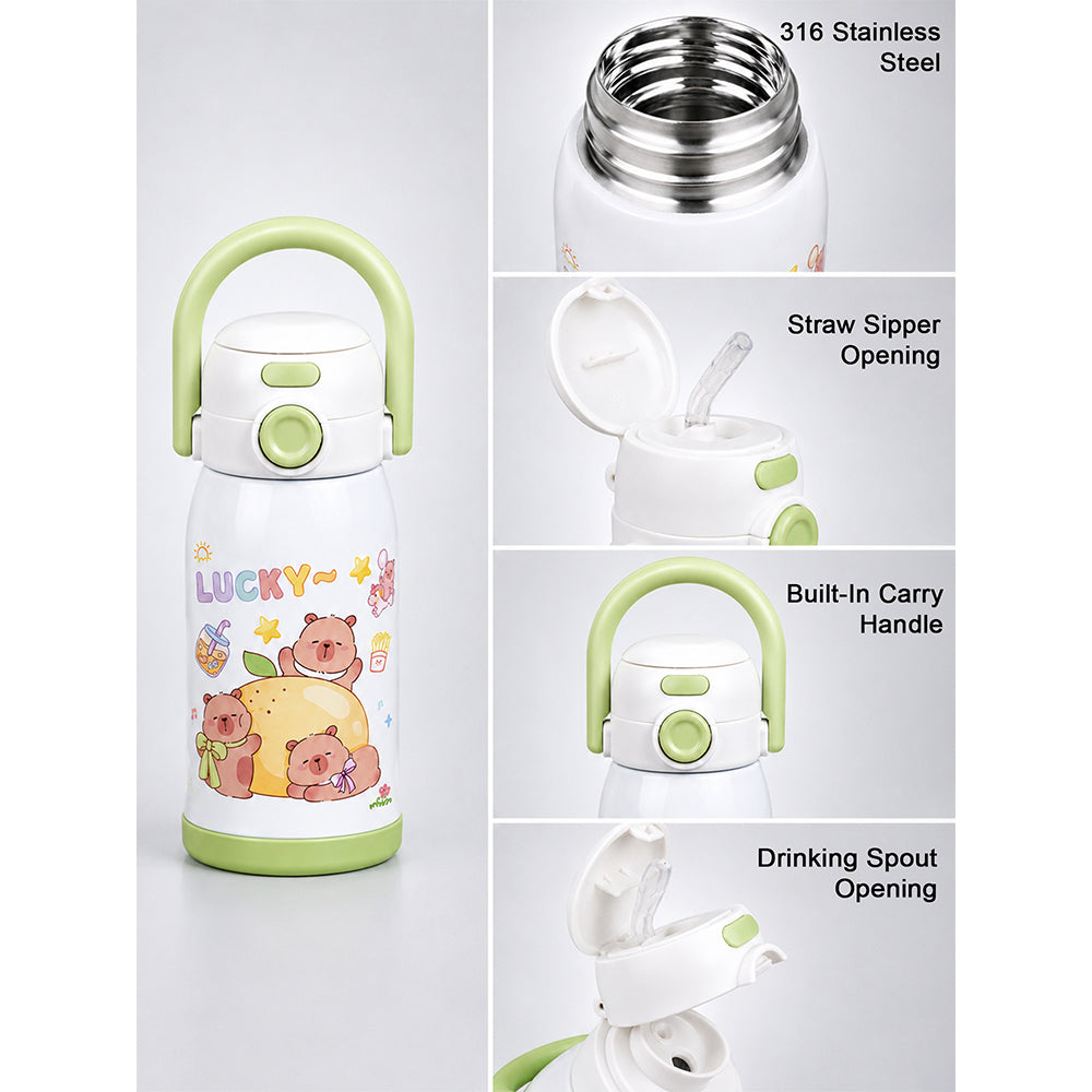 Green Lid, Lucky Capybara Series, Stainless Steel Water Bottle for Kids, 600ml