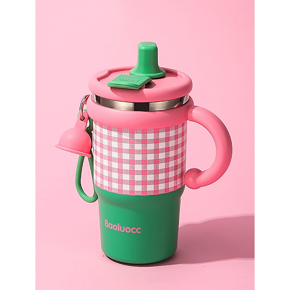 Green & Pink Checkered Stainless Steel Tumbler for Kids and Adults, 550ml