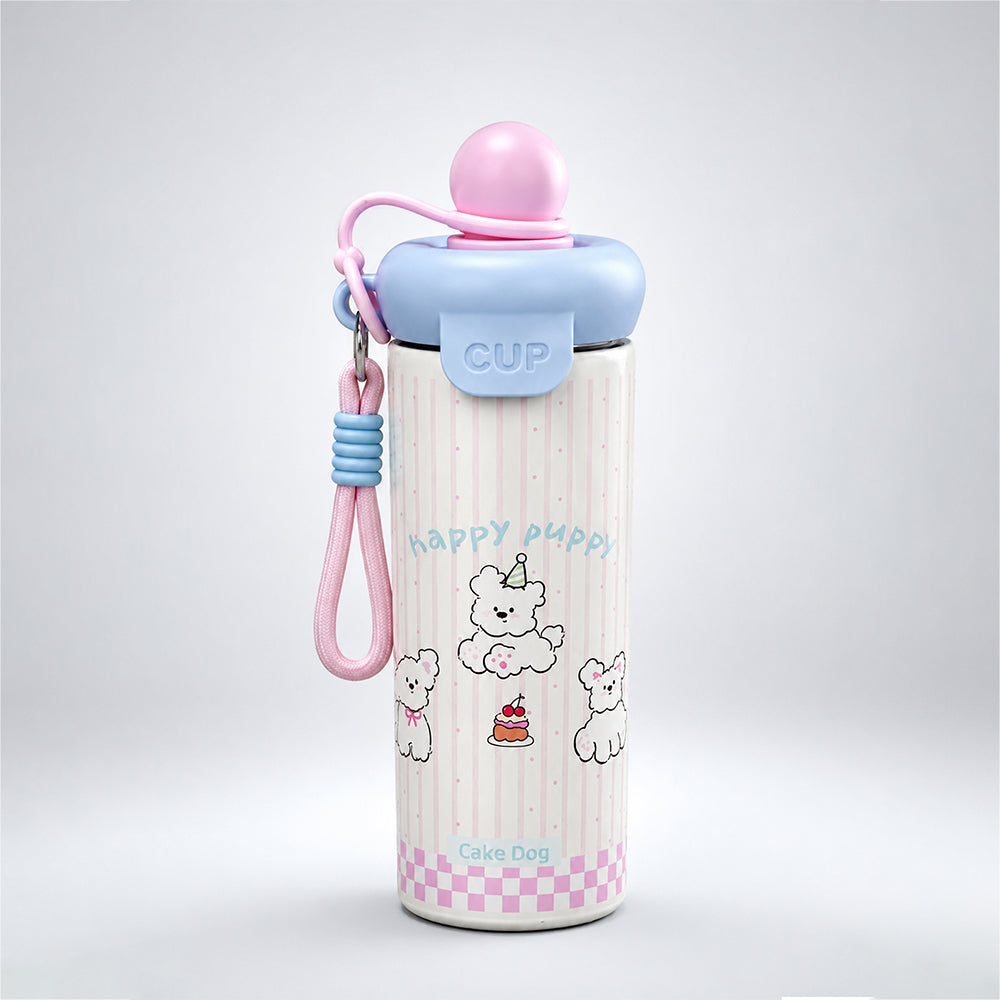 Happy Dog, Pink Ball Lid Series, Stainless Steel Tumbler and Water Bottle for Kids & Adults, 650ml