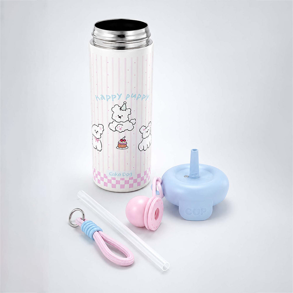 Happy Dog, Pink Ball Lid Series, Stainless Steel Tumbler and Water Bottle for Kids & Adults, 650ml