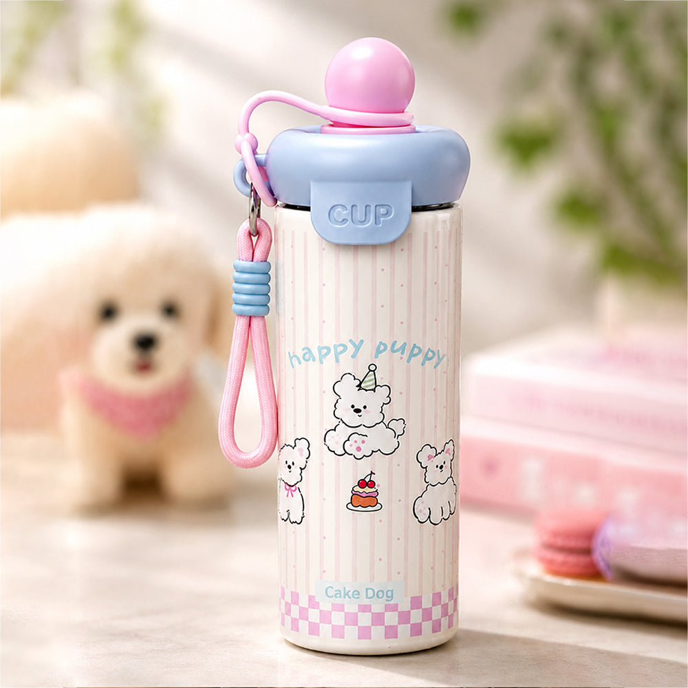 Happy Dog, Pink Ball Lid Series, Stainless Steel Tumbler and Water Bottle for Kids & Adults, 650ml