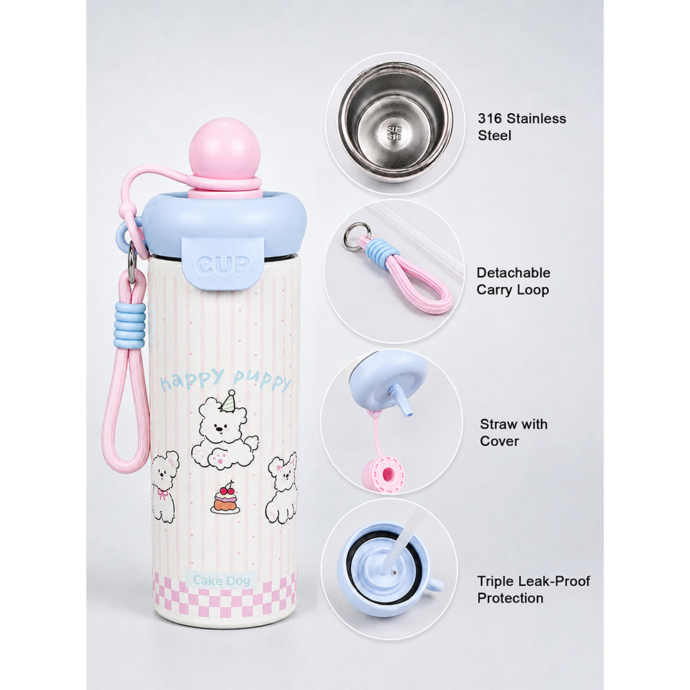 Happy Dog, Pink Ball Lid Series, Stainless Steel Tumbler and Water Bottle for Kids & Adults, 650ml