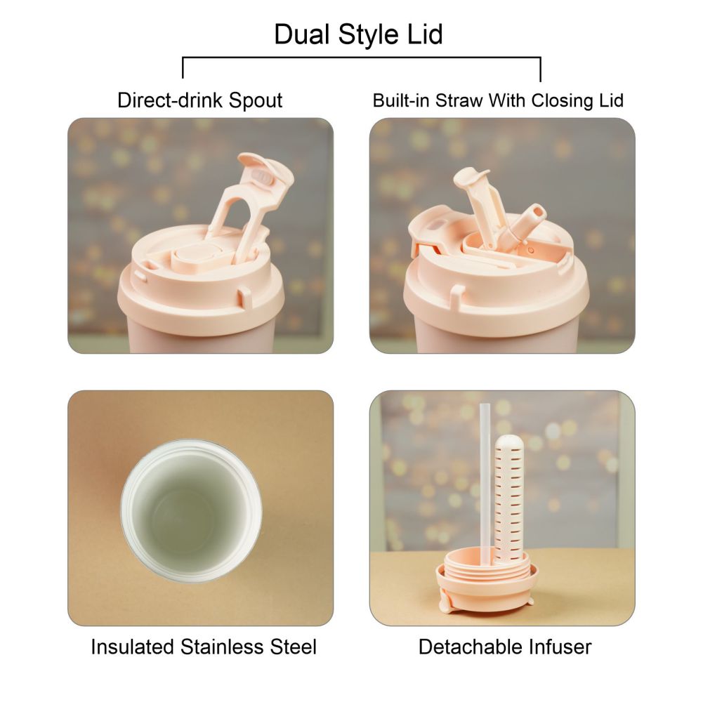 Lily Pink Stainless Steel premium Insulated Detox Infuser Bottle with Tea and Fruit Infuser attachment, 520ml