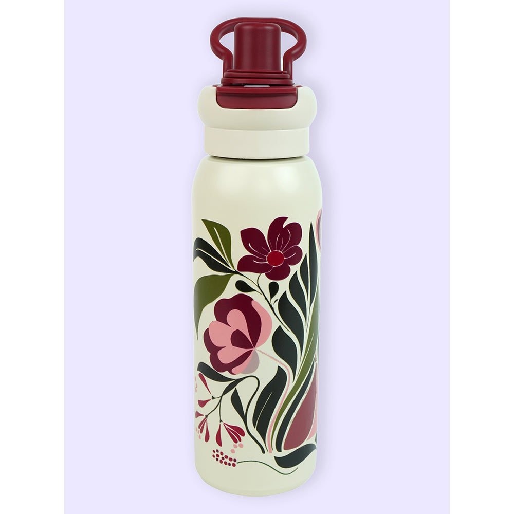 Maroon Floral Flask Water Bottle, 600ml