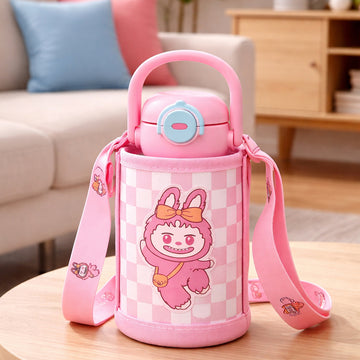 Pink checks Labubu with Matching Cover Stainless Steel Water Bottle for Kids,500 ml