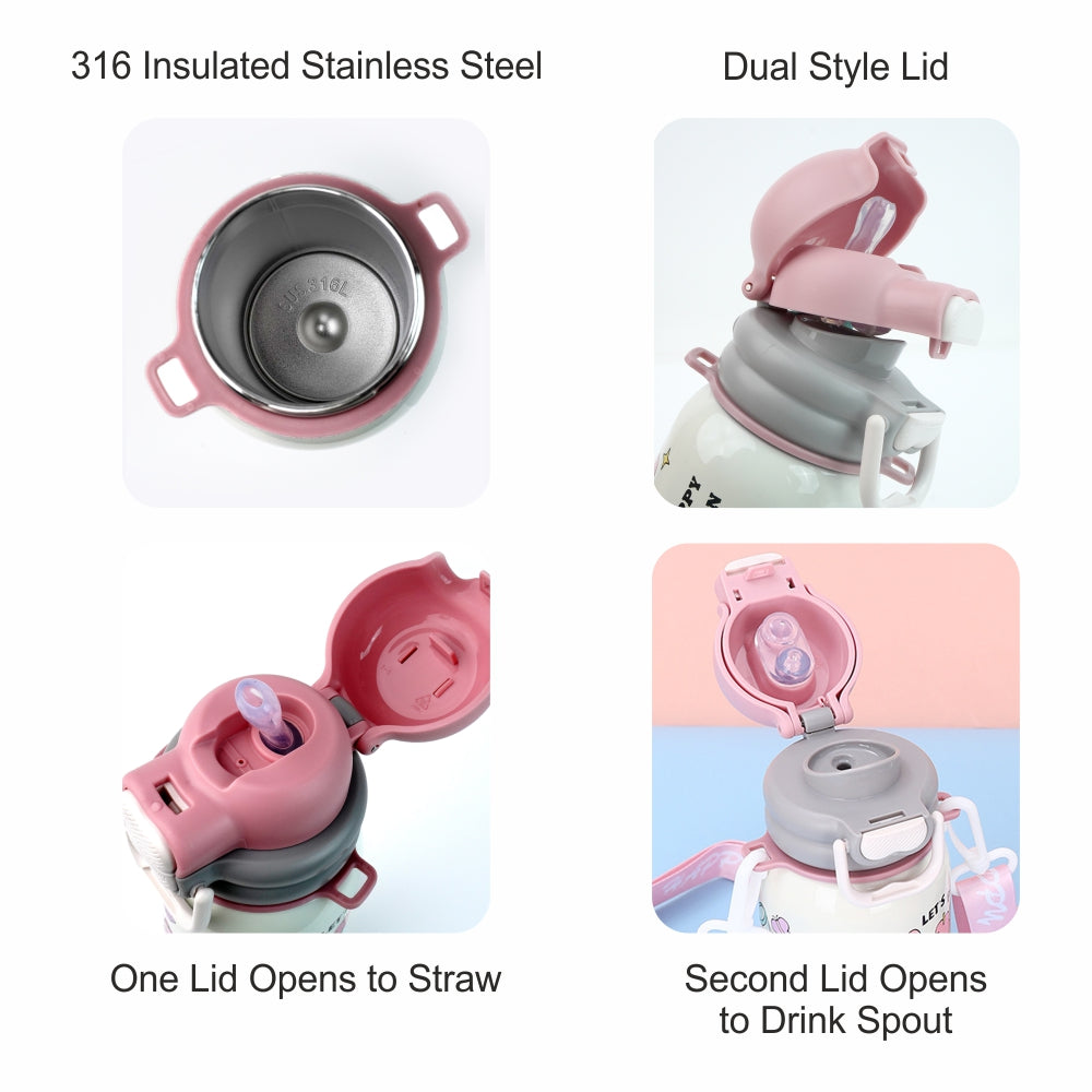 Pink Happy Cartoon Stainless Steel kids Water Bottle, 500ml, 4yrs+
