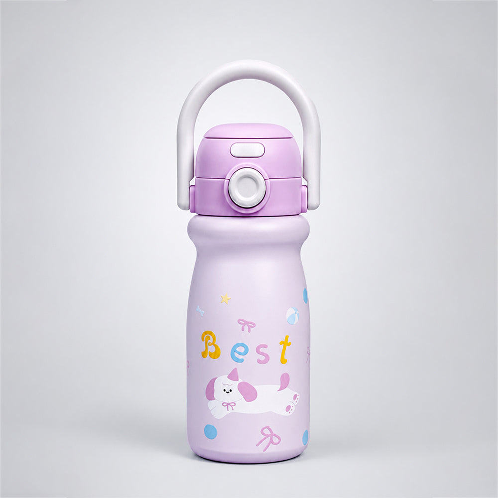 Pink Puppy Design, Stainless Steel Dual Lid Water Bottle for Kids, 500ml