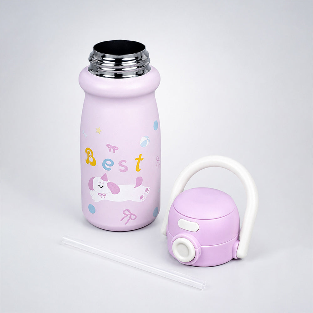 Pink Puppy Design, Stainless Steel Dual Lid Water Bottle for Kids, 500ml