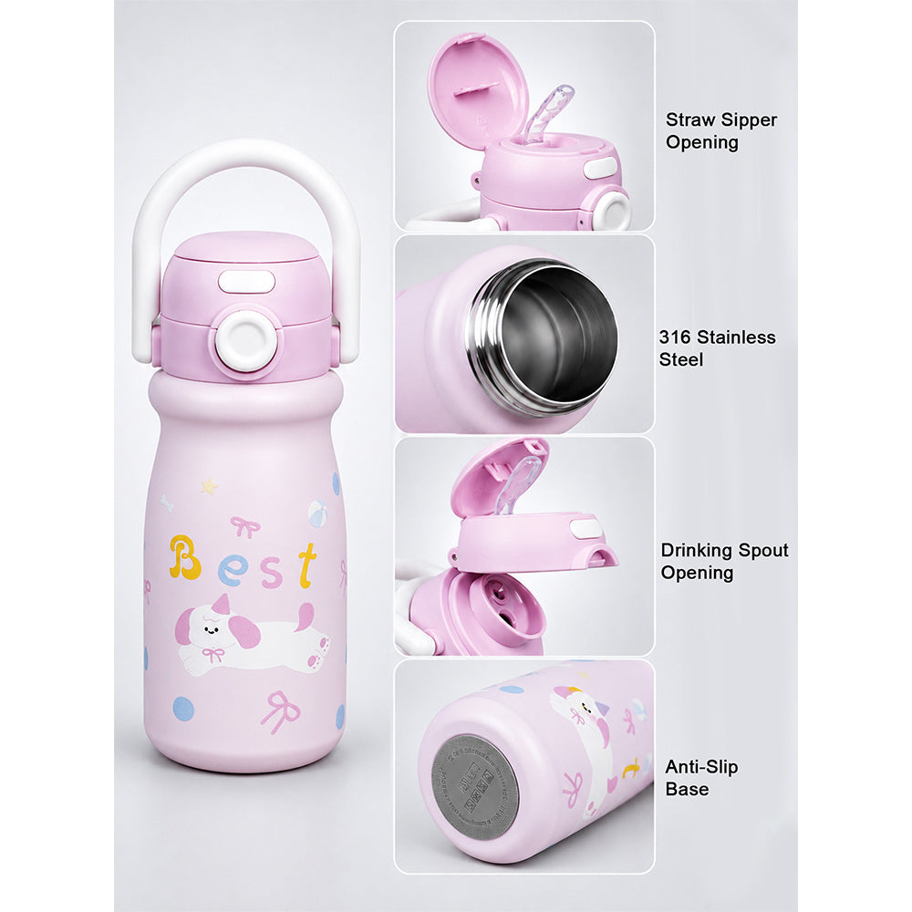 Pink Puppy Design, Stainless Steel Dual Lid Water Bottle for Kids, 500ml