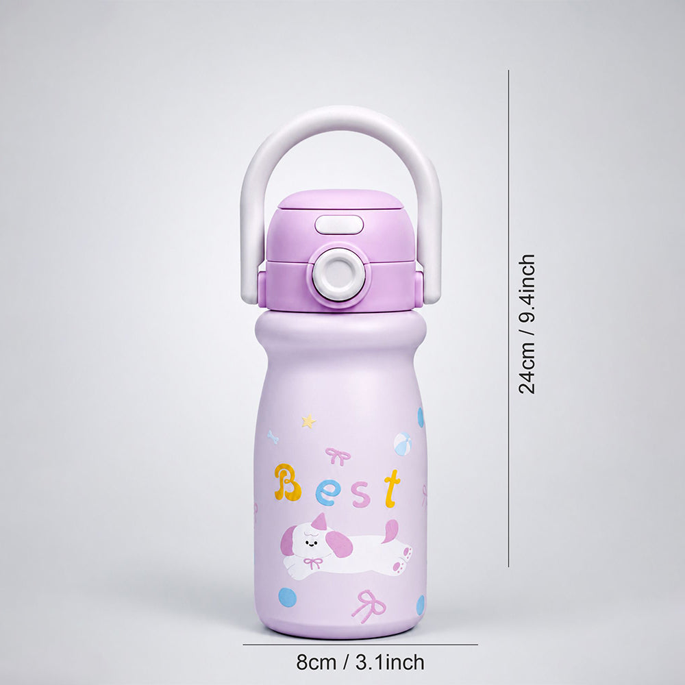 Pink Puppy Design, Stainless Steel Dual Lid Water Bottle for Kids, 500ml