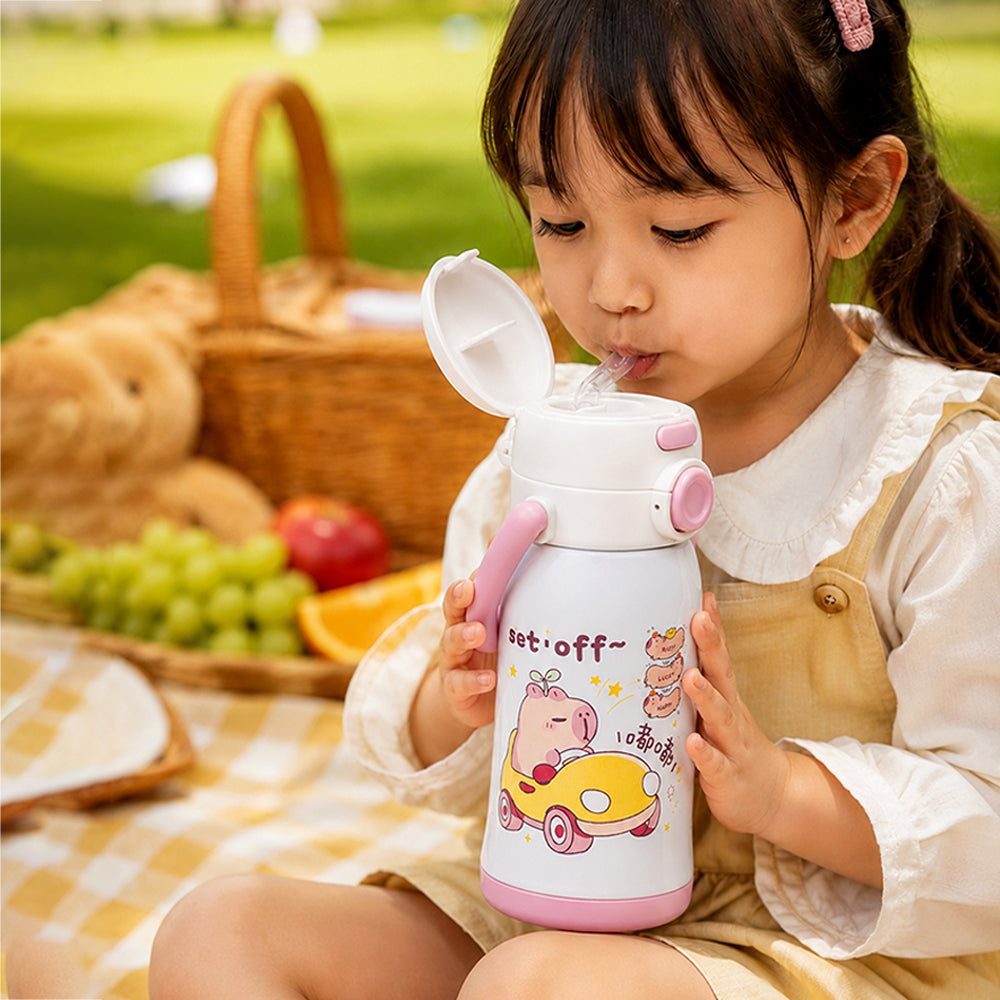 Pink Lid, Set Off Capybara Series, Stainless Steel Water Bottle for Kids, 600ml