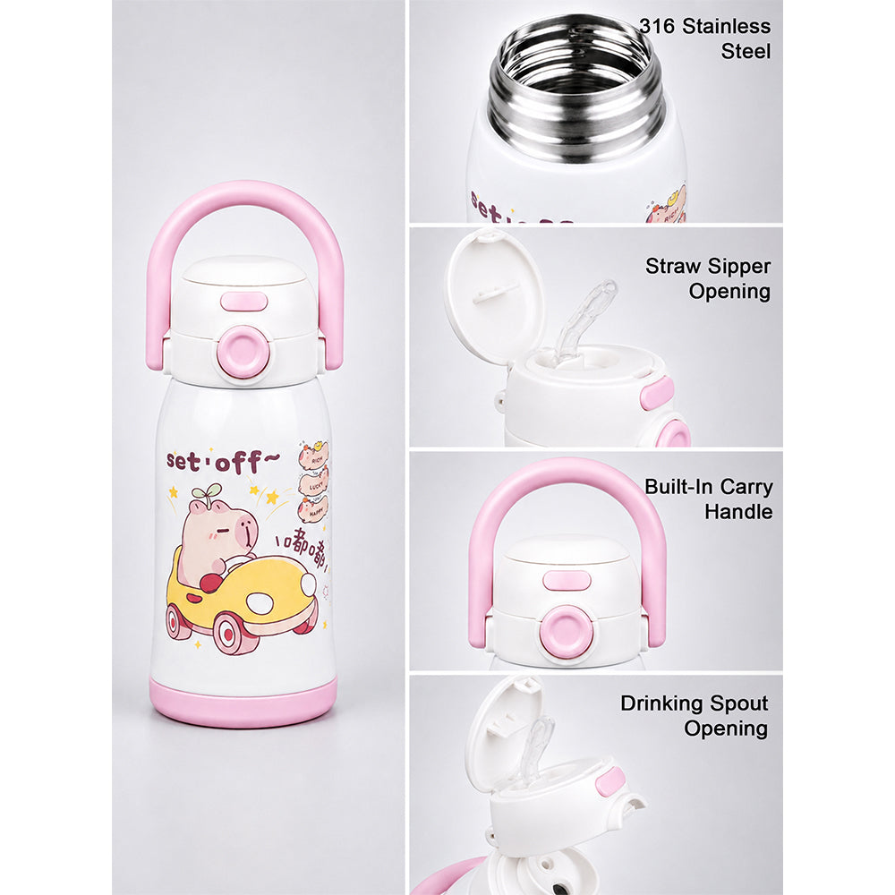 Pink Lid, Set Off Capybara Series, Stainless Steel Water Bottle for Kids, 600ml