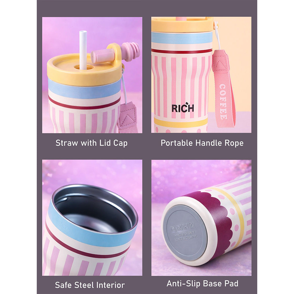 Pink Stripes,  Rich Series, Stainless Steel Tumbler and Water Bottle for Kids, Teens and Adults, 560 ml