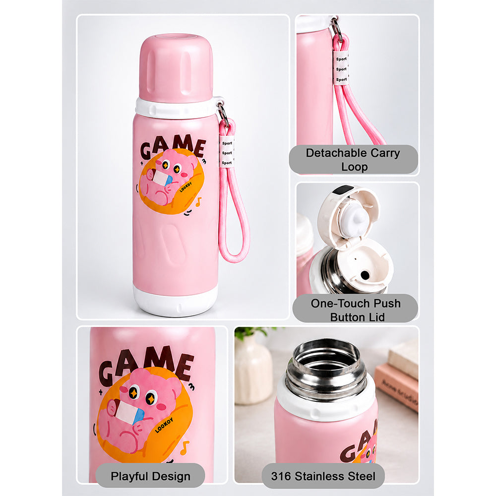 Pink White Game Design, Stainless Steel Thermos & Water Bottle for Kids, 600ml