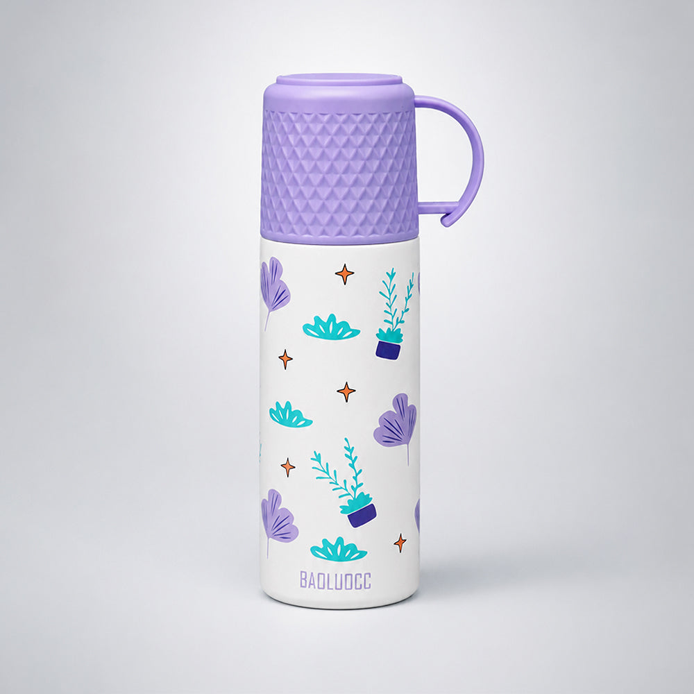 Purple Checks Cup Lid Design, Sleek Stainless Steel Thermos & Water Bottle for Kids, 350ml