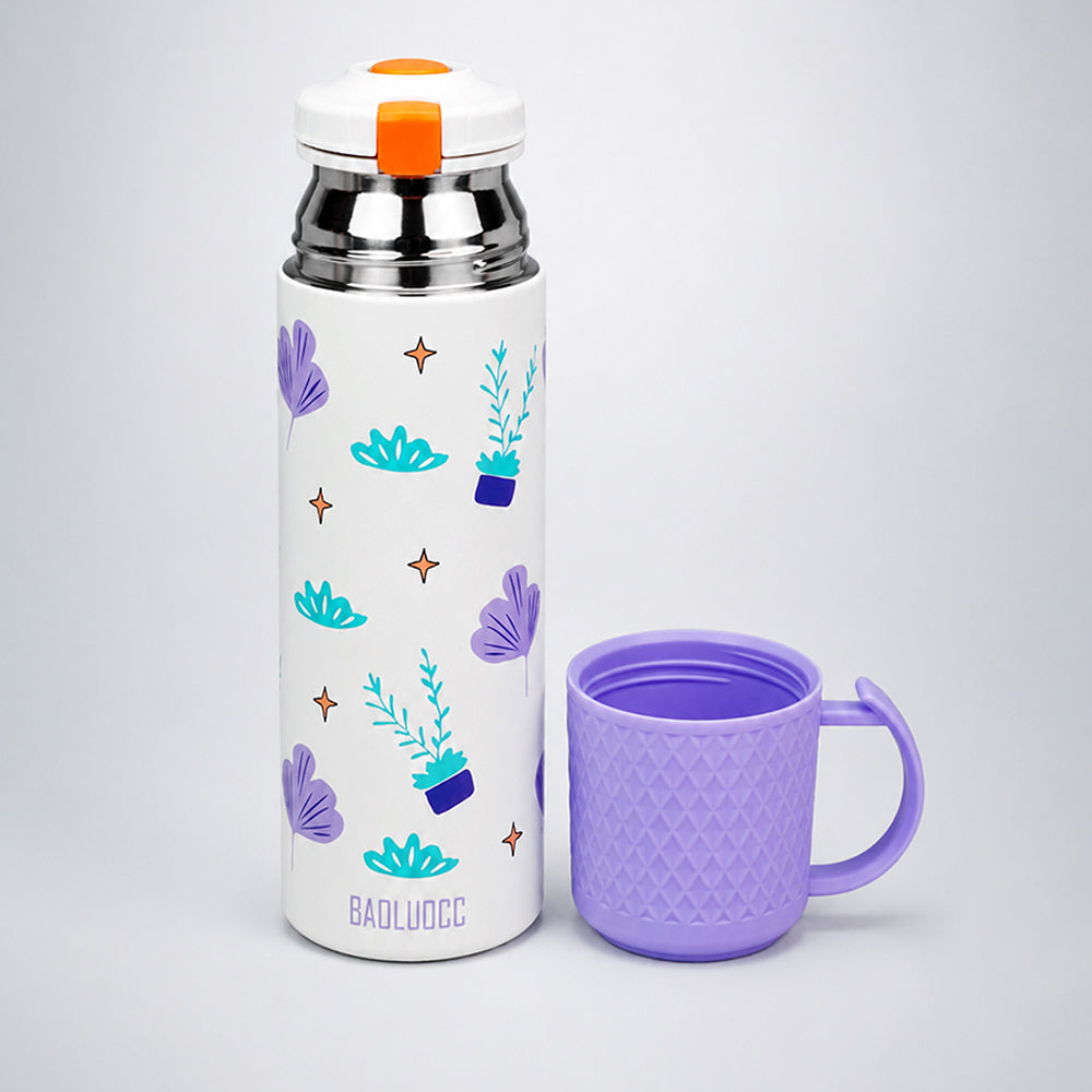 Purple Checks Cup Lid Design, Sleek Stainless Steel Thermos & Water Bottle for Kids, 350ml