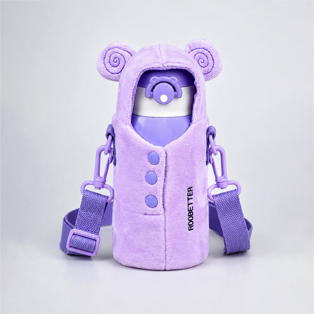 Purple Bear Design,Two Lid Series with Plush Cover, Stainless SteelWater Bottle & Hot thermos flask forKids and Toddlers, 500ml