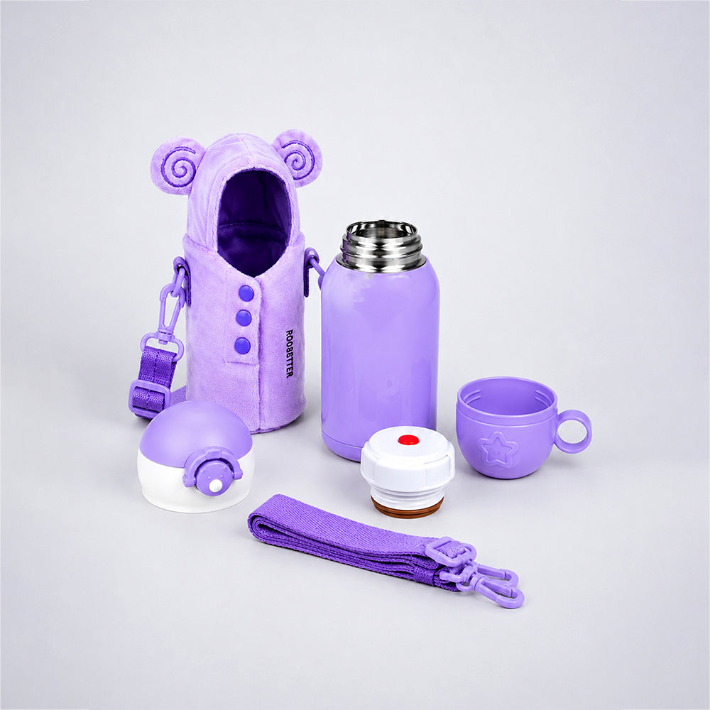 Purple Bear Design,Two Lid Series with Plush Cover, Stainless SteelWater Bottle & Hot thermos flask forKids and Toddlers, 500ml