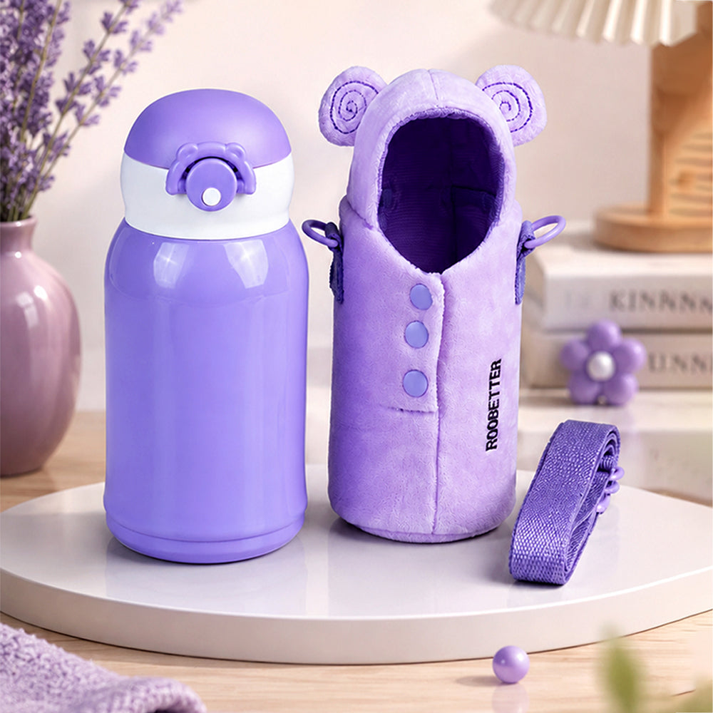 Purple Bear Design,Two Lid Series with Plush Cover, Stainless SteelWater Bottle & Hot thermos flask forKids and Toddlers, 500ml