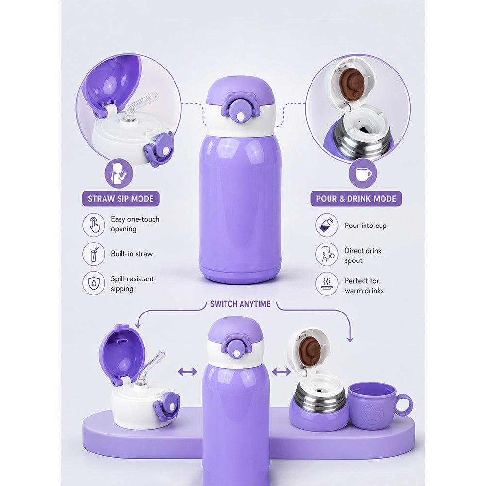 Purple Bear Design,Two Lid Series with Plush Cover, Stainless SteelWater Bottle & Hot thermos flask forKids and Toddlers, 500ml