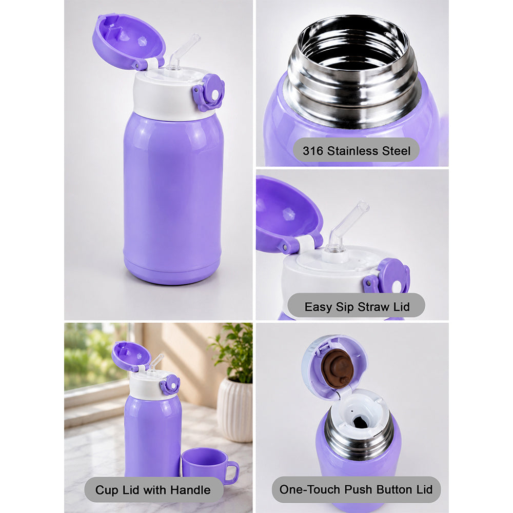 Purple Bear Design,Two Lid Series with Plush Cover, Stainless SteelWater Bottle & Hot thermos flask forKids and Toddlers, 500ml