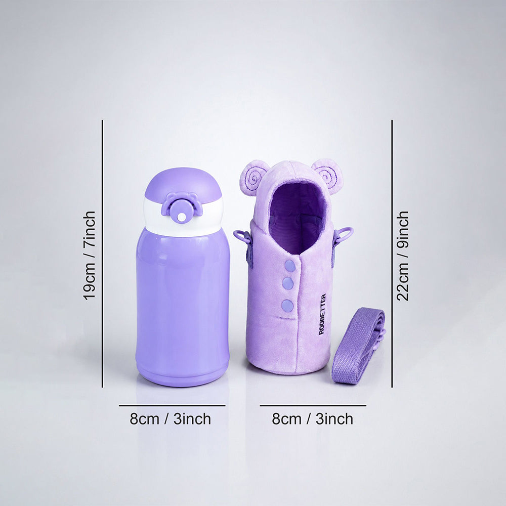 Purple Bear Design,Two Lid Series with Plush Cover, Stainless SteelWater Bottle & Hot thermos flask forKids and Toddlers, 500ml