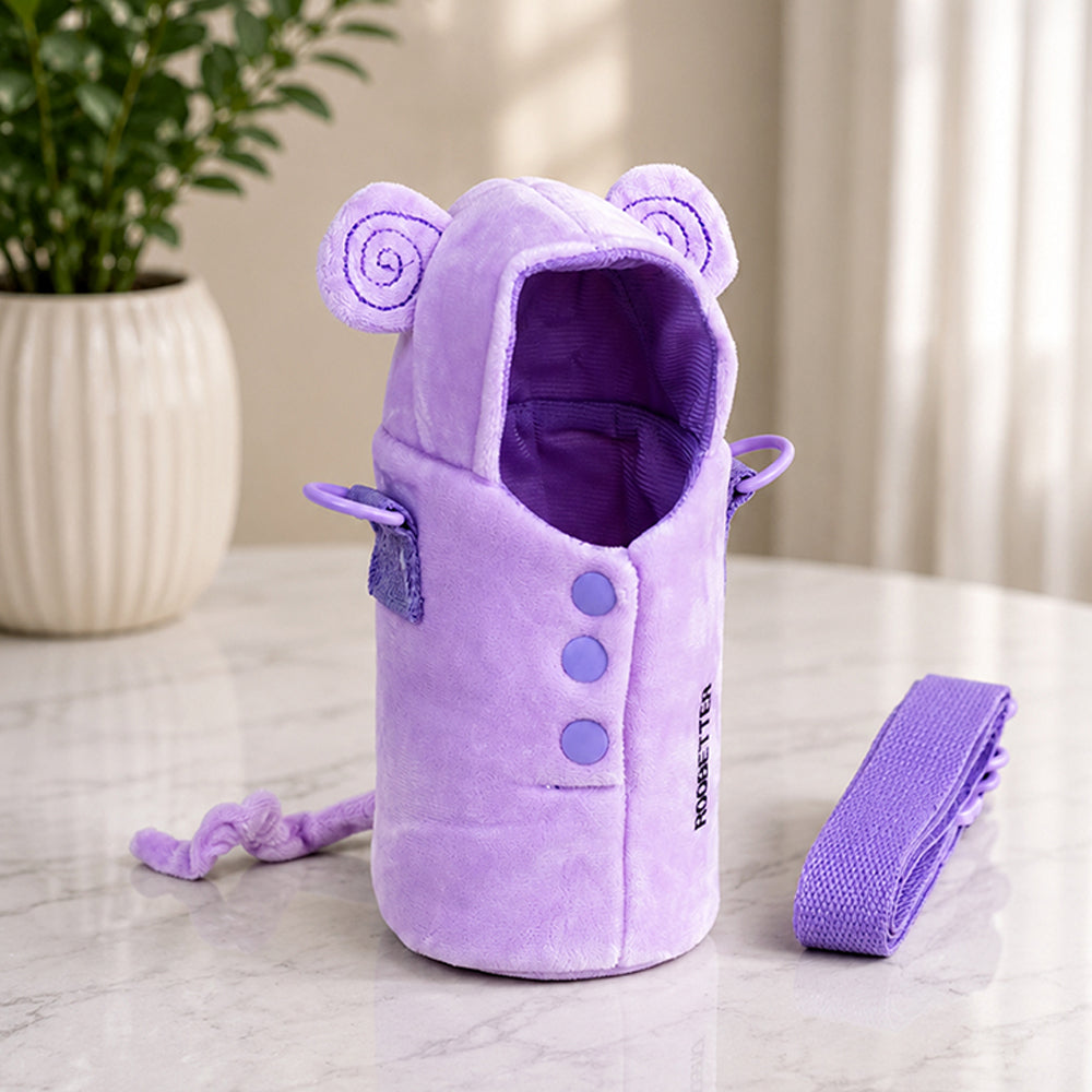 Purple Bear Design,Two Lid Series with Plush Cover, Stainless SteelWater Bottle & Hot thermos flask forKids and Toddlers, 500ml
