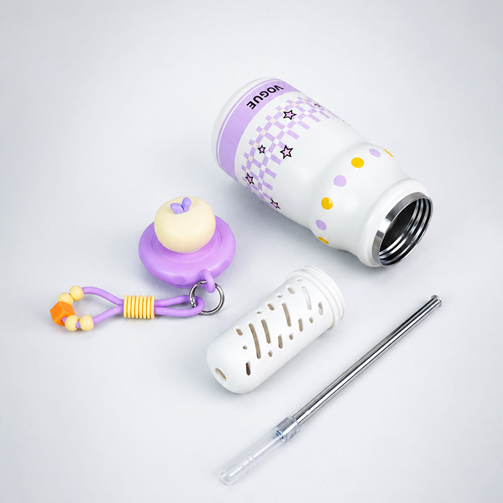 Purple Stars, sleek Stainless Steel Water Bottle with Infuser attachment for Kids, 400ml