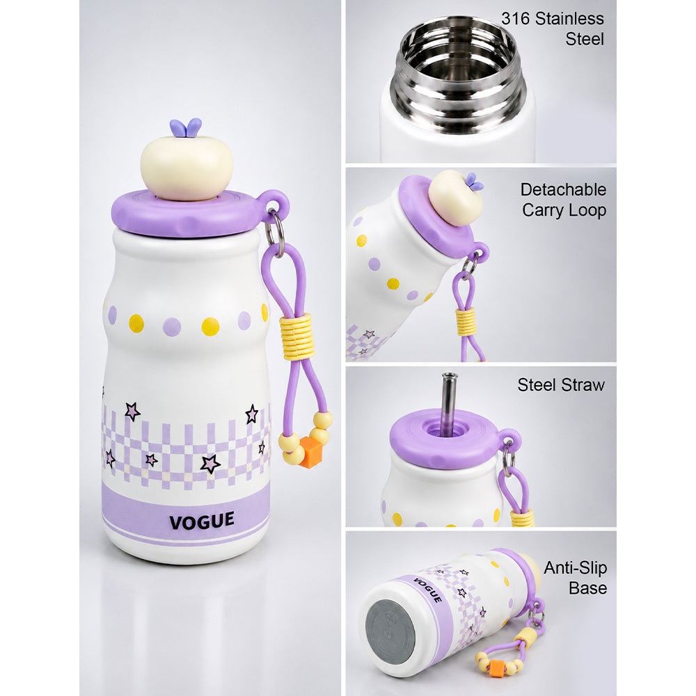 Purple Stars, sleek Stainless Steel Water Bottle with Infuser attachment for Kids, 400ml