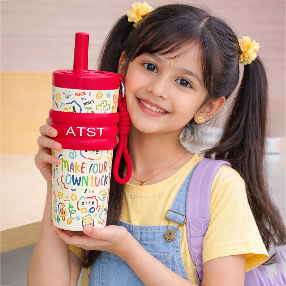 Red Lucky Doodle Fluroscent series Stainless Steel Tumbler and water bottle for Kids and Adults,550ml