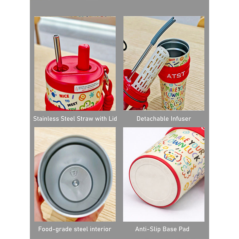 Red Lucky Doodle Fluroscent series Stainless Steel Tumbler and water bottle for Kids and Adults,550ml