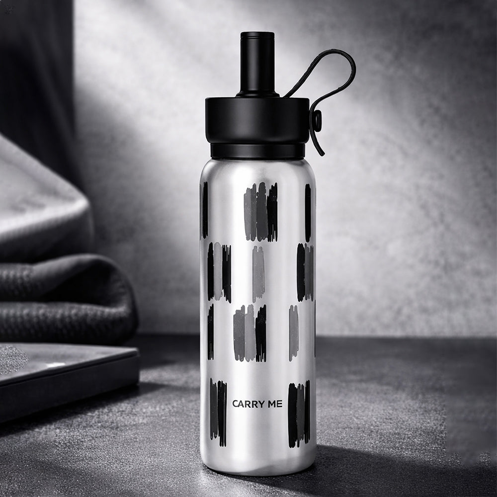 Shiny Black Jumbo Straw Series Stainless Steel Water Bottle fot kids, Teens and Adults,700 ml