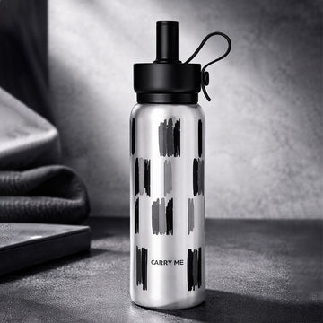 Shiny Black Jumbo Straw Series Stainless Steel Water Bottle fot kids, Teens and Adults,700 ml