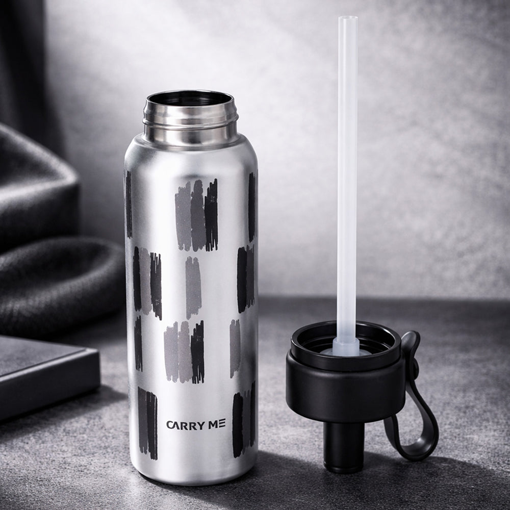 Shiny Black Jumbo Straw Series Stainless Steel Water Bottle fot kids, Teens and Adults,700 ml