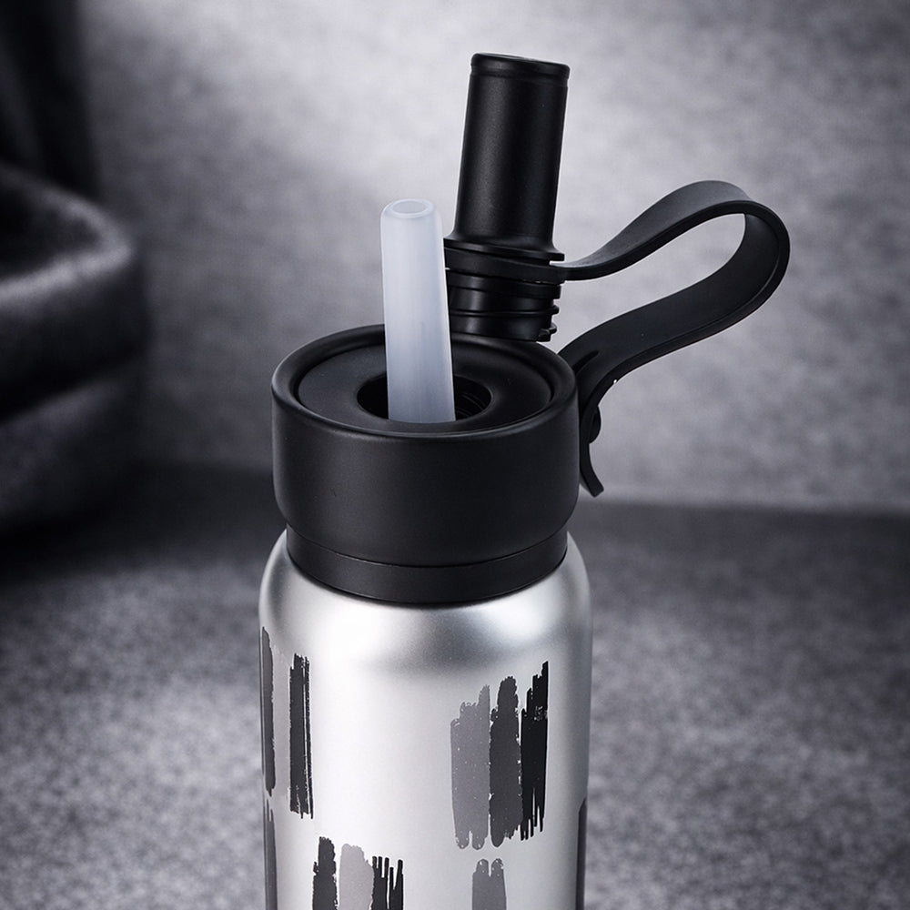 Shiny Black Jumbo Straw Series Stainless Steel Water Bottle fot kids, Teens and Adults,700 ml
