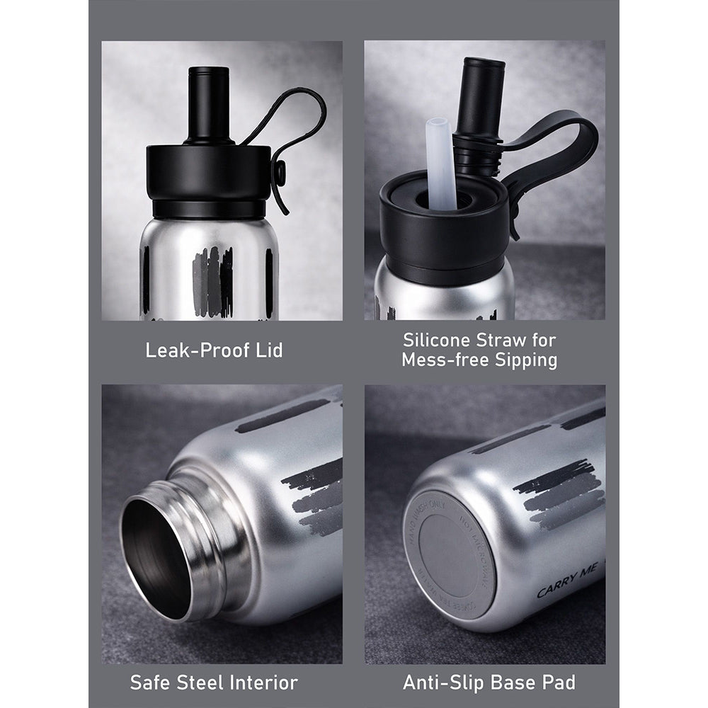 Shiny Black Jumbo Straw Series Stainless Steel Water Bottle fot kids, Teens and Adults,700 ml