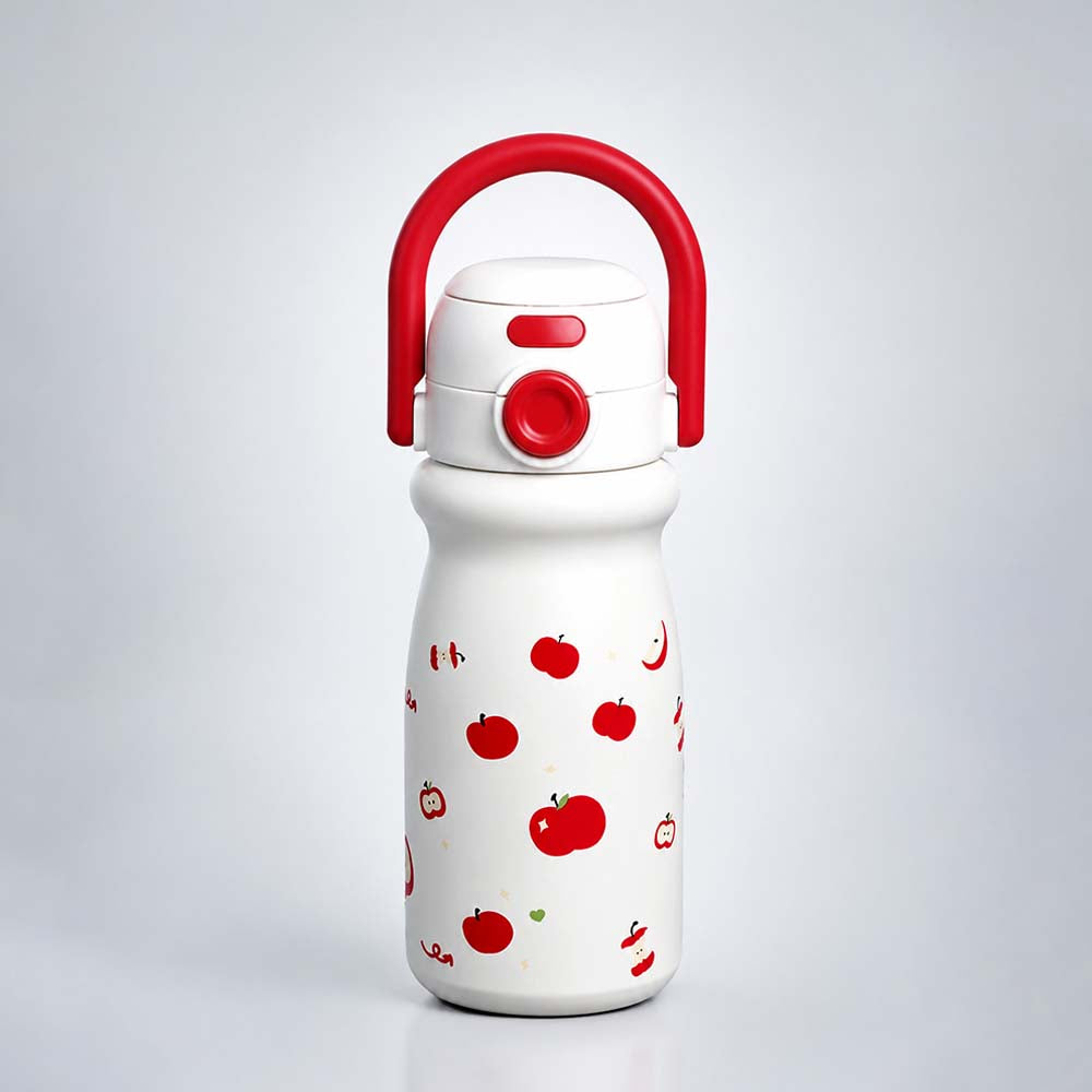 White Red Apple Design, Stainless Steel Dual Lid Water Bottle for Kids, 500ml