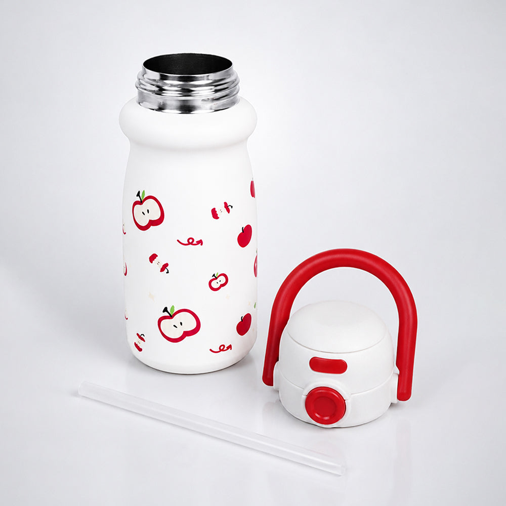 White Red Apple Design, Stainless Steel Dual Lid Water Bottle for Kids, 500ml