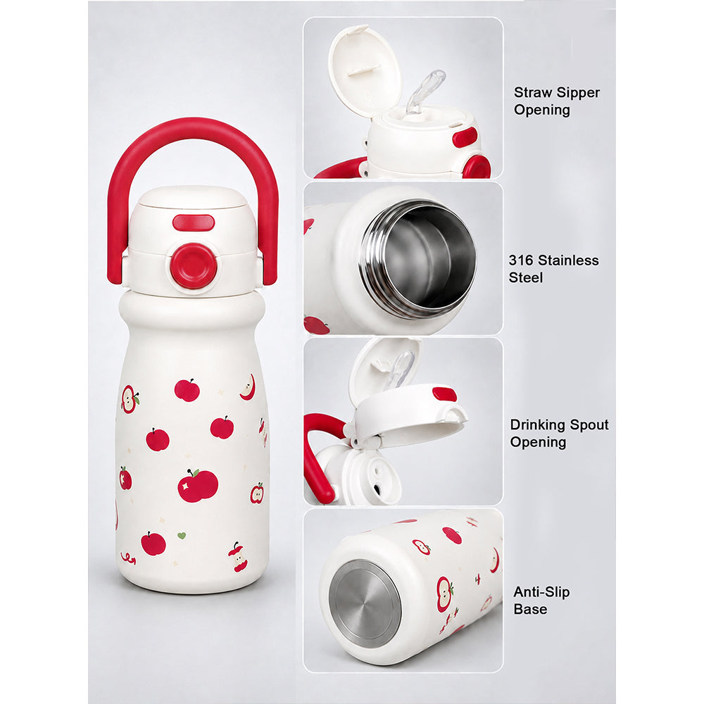 White Red Apple Design, Stainless Steel Dual Lid Water Bottle for Kids, 500ml