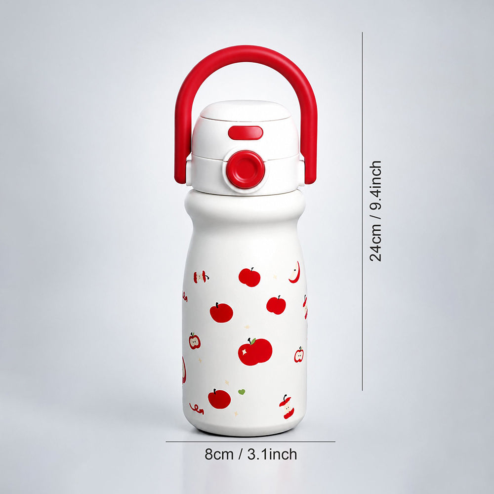 White Red Apple Design, Stainless Steel Dual Lid Water Bottle for Kids, 500ml