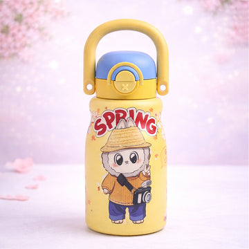 Yellow Handle  Labubu Printed  Handle Stainless Steel Kids Water Bottle , 500ml