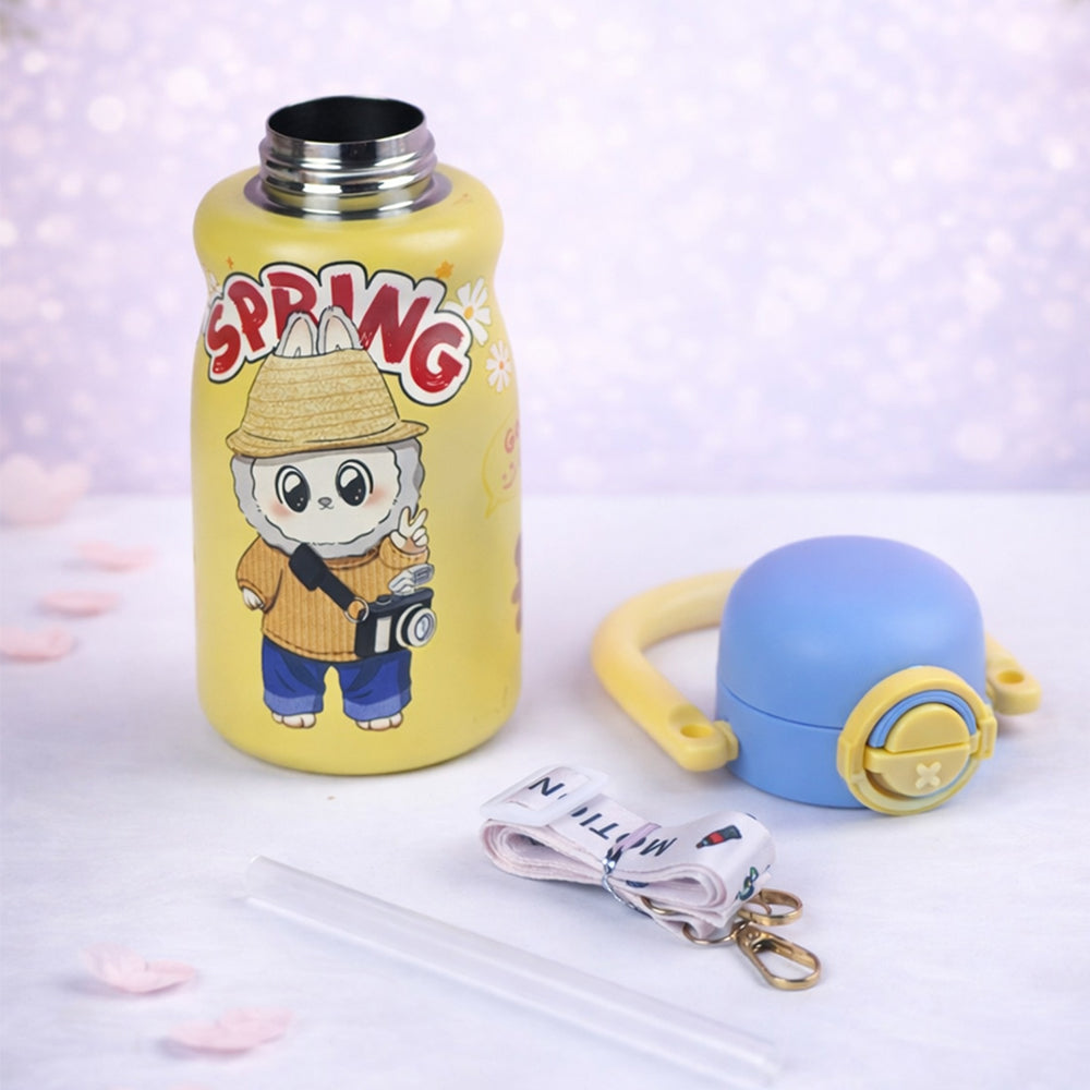 Yellow Handle  Labubu Printed  Handle Stainless Steel Kids Water Bottle , 500ml