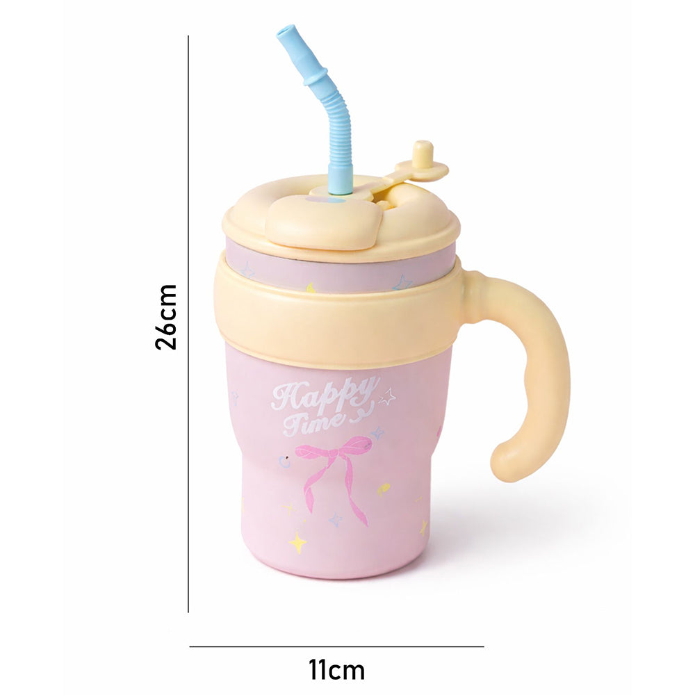 Yellow Pink Bow, Bubble Lid series, with detachable infuser Stainless Steel Kids Tumbler Water Bottle , 680ml